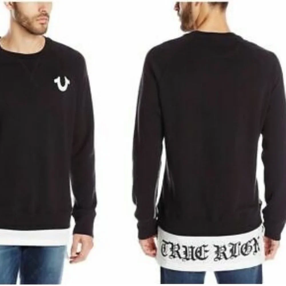 TRUE RELIGION Jet Black Pull Over Raglan W/Shirt Tail Mens 2XL RT $168 EUC - Picture 1 of 10